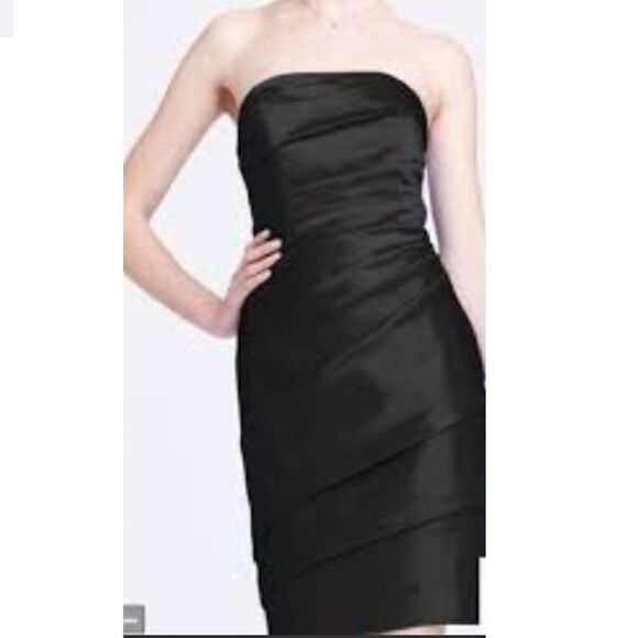 DAVID’S BRIDAL Black Short Pleated Satin Strapless Mini Dress.Size 8 - Picture 1 of 14